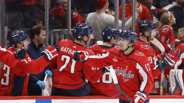 Nov 7, 2022; Washington, District of Columbia, USA; Washington Capitals center Dylan Strome (17) celebrates with teammates after scoring a goal against the Edmonton Oilers in the second period at Capital One Arena. Mandatory Credit: Geoff Burke-USA TODAY Sports